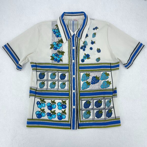 Unbranded Vintage Tops - Vintage 70s Novelty Fruit Print Button Up Shirt Blue Cherries Kitsch Womens L XL